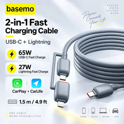 Bixora 2 in 1 USB C & Lightning Fast Charging Cable,65W USB-C 27W Lightning Charger Cord,Support Carplay & Carlife,1.5M Multi Charger Cable for Iphone Android Laptop Car Smartphone Cellphone