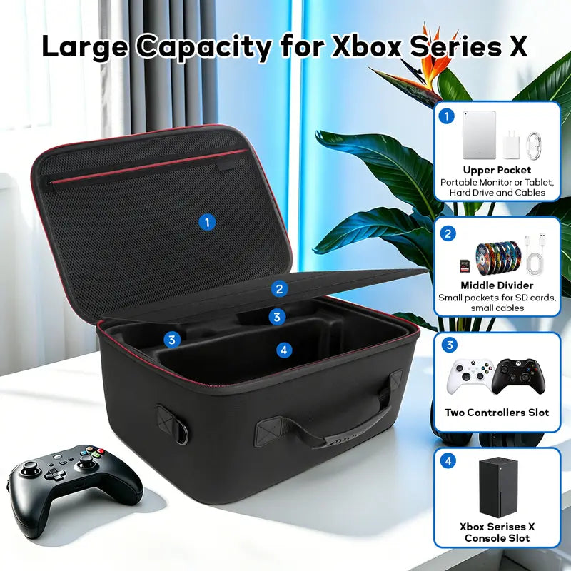 Xbox Series X Protective Hard EVA Rigid Shell Secure Carry Bag - Durable Travel Accessory, Waterproof, Shockproof, Dustproof, Lightweight, High-Capacity Luggage with Zipper for Console, Controller, Headset, Games, Cables, Father’S Day Gamer Gift