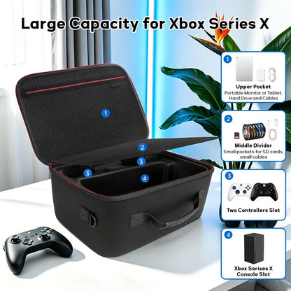 Xbox Series X Protective Hard EVA Rigid Shell Secure Carry Bag - Durable Travel Accessory, Waterproof, Shockproof, Dustproof, Lightweight, High-Capacity Luggage with Zipper for Console, Controller, Headset, Games, Cables, Father’S Day Gamer Gift