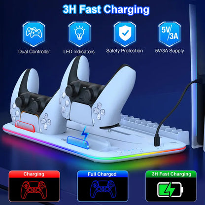 White Aesthetic Plastic PS5 Stand & Cooling Station - 3-Level Fan, LED Lights, Touch Switch, Controller Charger, Digital Game Storage, Headset Holder, Overcharging Protection, Slim Adapter for PS5 Digital Edition, Playstation 5 Accessories
