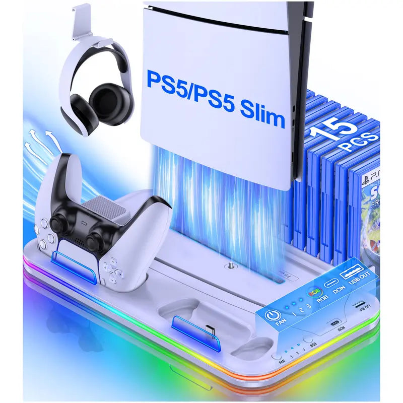 White Aesthetic Plastic PS5 Stand & Cooling Station - 3-Level Fan, LED Lights, Touch Switch, Controller Charger, Digital Game Storage, Headset Holder, Overcharging Protection, Slim Adapter for PS5 Digital Edition, Playstation 5 Accessories