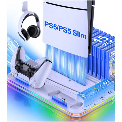 White Aesthetic Plastic PS5 Stand & Cooling Station - 3-Level Fan, LED Lights, Touch Switch, Controller Charger, Digital Game Storage, Headset Holder, Overcharging Protection, Slim Adapter for PS5 Digital Edition, Playstation 5 Accessories