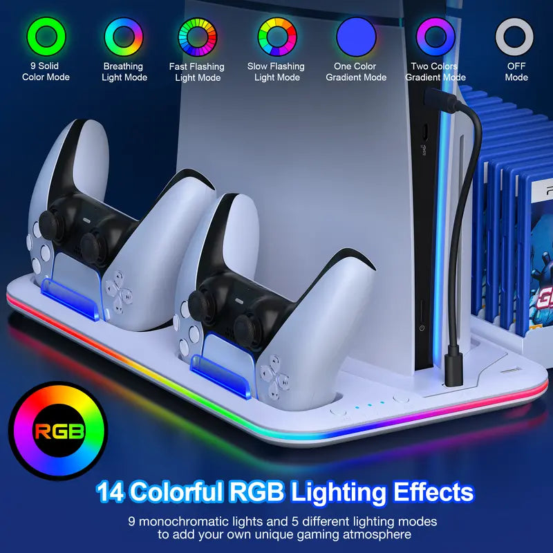 White Aesthetic Plastic PS5 Stand & Cooling Station - 3-Level Fan, LED Lights, Touch Switch, Controller Charger, Digital Game Storage, Headset Holder, Overcharging Protection, Slim Adapter for PS5 Digital Edition, Playstation 5 Accessories