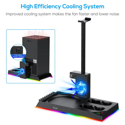 MENEEA RGB Vertical Charging & Cooling Base Station for Xbox Series X Console - Metal Charger Stand with Dual Charging, 15 RGB Lights, 2X1400Mah Rechargeable Batteries, Headphone Stand, 10Pcs Game Discs Holder, Smartphone Holder, Anti-Slip Rubber Bottom