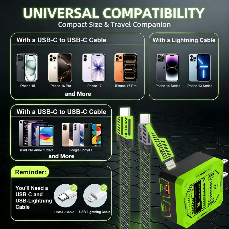 MOJUE C707 2-Pack 100W High-Efficiency Wall Charger (Dual USB-C/USB-A Ports) + 3-In-1 Mecha-Style Nylon Braid Anti-Tangle Cable, Smartphone/Cellphone Connector for Charging, Compatible with Iphone 18-13, Ipad, Samsung Galaxy, Android Electronic Devices