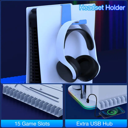 White Aesthetic Plastic PS5 Stand & Cooling Station - 3-Level Fan, LED Lights, Touch Switch, Controller Charger, Digital Game Storage, Headset Holder, Overcharging Protection, Slim Adapter for PS5 Digital Edition, Playstation 5 Accessories