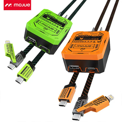 MOJUE C707 2-Pack 100W High-Efficiency Wall Charger (Dual USB-C/USB-A Ports) + 3-In-1 Mecha-Style Nylon Braid Anti-Tangle Cable, Smartphone/Cellphone Connector for Charging, Compatible with Iphone 18-13, Ipad, Samsung Galaxy, Android Electronic Devices