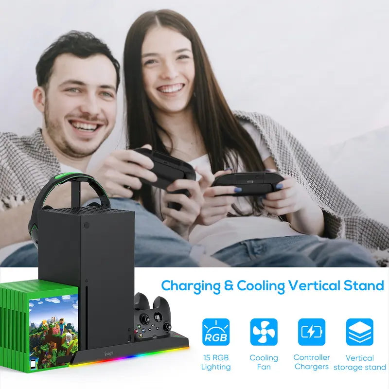 MENEEA RGB Vertical Charging & Cooling Base Station for Xbox Series X Console - Metal Charger Stand with Dual Charging, 15 RGB Lights, 2X1400Mah Rechargeable Batteries, Headphone Stand, 10Pcs Game Discs Holder, Smartphone Holder, Anti-Slip Rubber Bottom