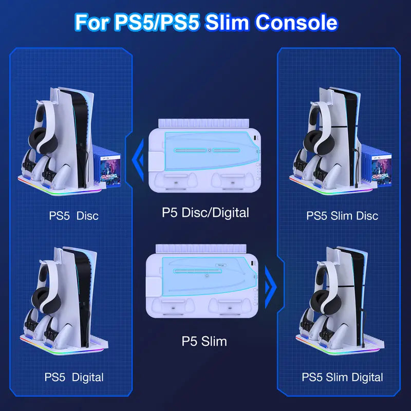 White Aesthetic Plastic PS5 Stand & Cooling Station - 3-Level Fan, LED Lights, Touch Switch, Controller Charger, Digital Game Storage, Headset Holder, Overcharging Protection, Slim Adapter for PS5 Digital Edition, Playstation 5 Accessories