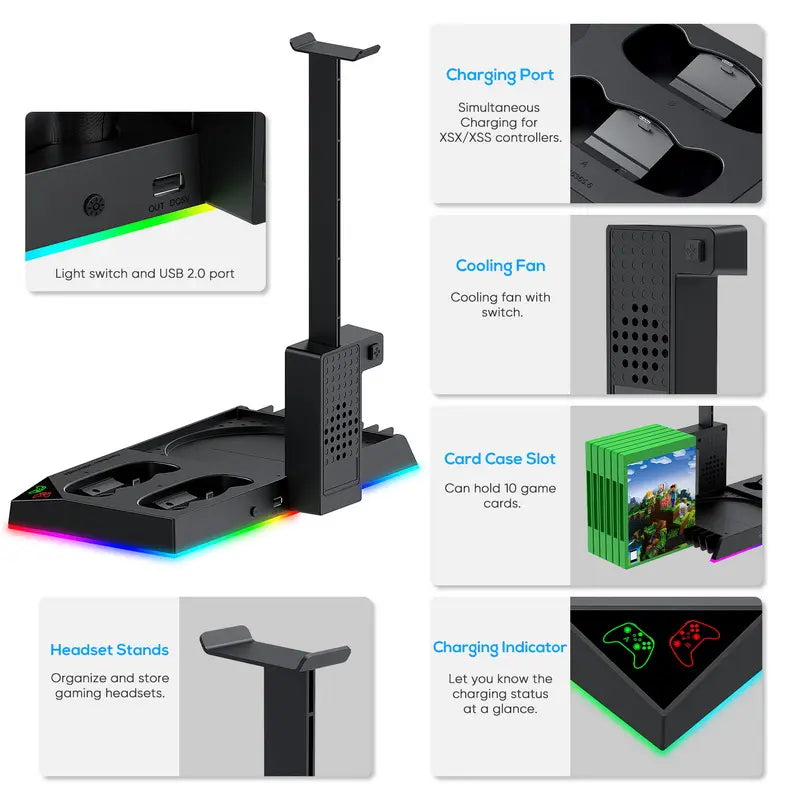MENEEA RGB Vertical Charging & Cooling Base Station for Xbox Series X Console - Metal Charger Stand with Dual Charging, 15 RGB Lights, 2X1400Mah Rechargeable Batteries, Headphone Stand, 10Pcs Game Discs Holder, Smartphone Holder, Anti-Slip Rubber Bottom