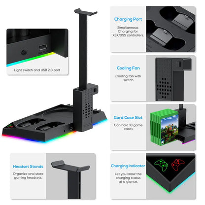 MENEEA RGB Vertical Charging & Cooling Base Station for Xbox Series X Console - Metal Charger Stand with Dual Charging, 15 RGB Lights, 2X1400Mah Rechargeable Batteries, Headphone Stand, 10Pcs Game Discs Holder, Smartphone Holder, Anti-Slip Rubber Bottom