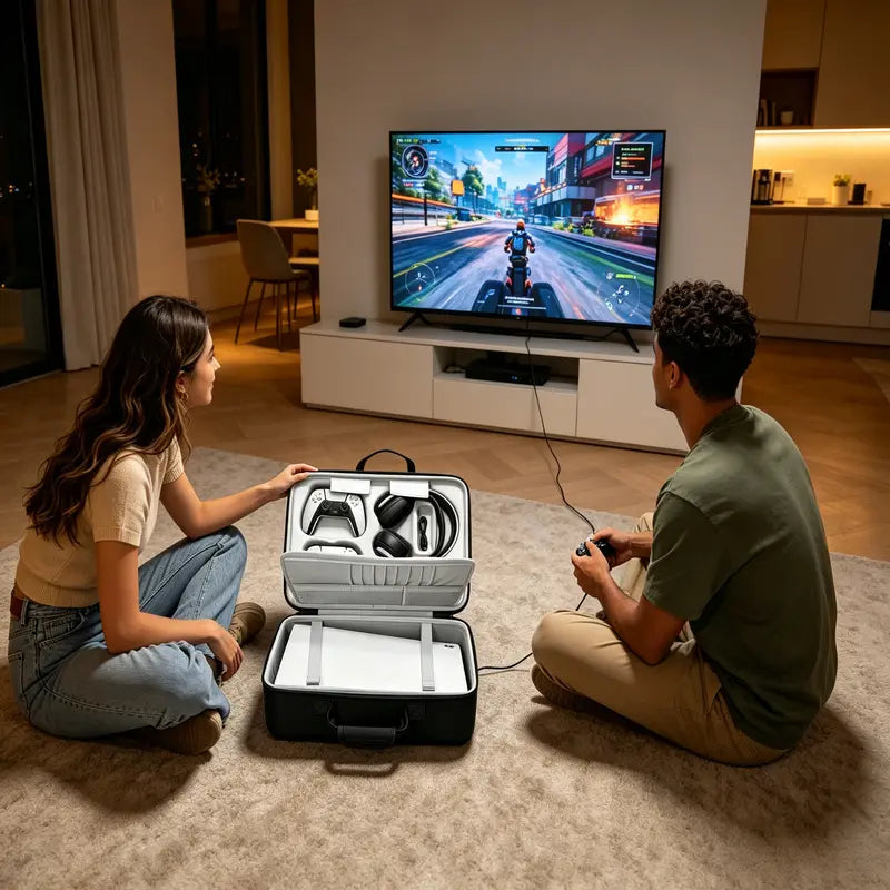PS5 Gaming Console Portable Carry Case - Compact EVA Shell Home/Travel Luggage Organizer with 2 Controller Slots for Console & Accessories