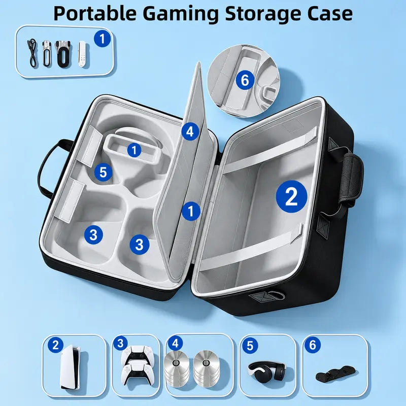 PS5 Gaming Console Portable Carry Case - Compact EVA Shell Home/Travel Luggage Organizer with 2 Controller Slots for Console & Accessories