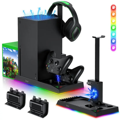 MENEEA RGB Vertical Charging & Cooling Base Station for Xbox Series X Console - Metal Charger Stand with Dual Charging, 15 RGB Lights, 2X1400Mah Rechargeable Batteries, Headphone Stand, 10Pcs Game Discs Holder, Smartphone Holder, Anti-Slip Rubber Bottom