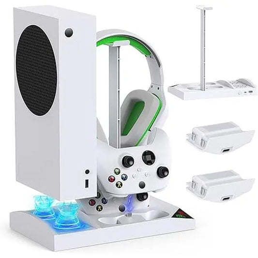 Xbox Series S Console & Controller Charging and Cooling Stand - Fan Cooler with Dual Charger Dock, 2 X 1400Mah Rechargeable Batteries, Rubber Cover, USB Port, Headphone Mount, White Smartphone Holder