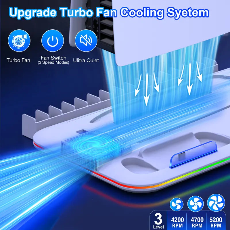 White Aesthetic Plastic PS5 Stand & Cooling Station - 3-Level Fan, LED Lights, Touch Switch, Controller Charger, Digital Game Storage, Headset Holder, Overcharging Protection, Slim Adapter for PS5 Digital Edition, Playstation 5 Accessories