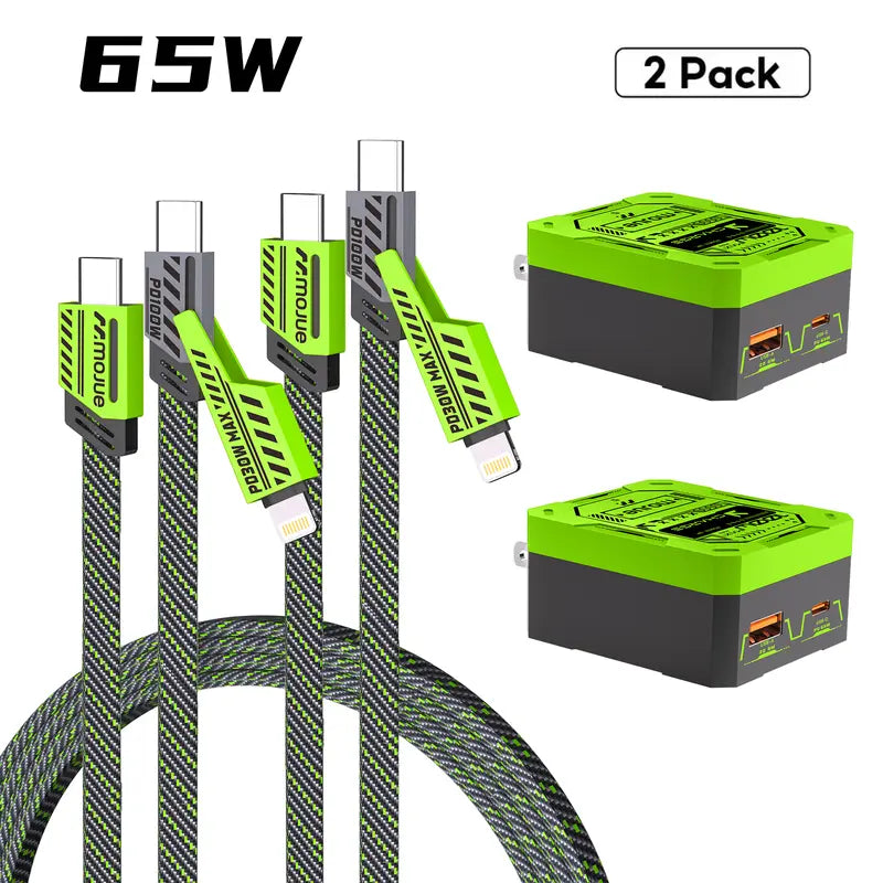 MOJUE C707 2-Pack 100W High-Efficiency Wall Charger (Dual USB-C/USB-A Ports) + 3-In-1 Mecha-Style Nylon Braid Anti-Tangle Cable, Smartphone/Cellphone Connector for Charging, Compatible with Iphone 18-13, Ipad, Samsung Galaxy, Android Electronic Devices