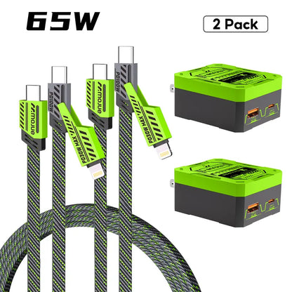 MOJUE C707 2-Pack 100W High-Efficiency Wall Charger (Dual USB-C/USB-A Ports) + 3-In-1 Mecha-Style Nylon Braid Anti-Tangle Cable, Smartphone/Cellphone Connector for Charging, Compatible with Iphone 18-13, Ipad, Samsung Galaxy, Android Electronic Devices