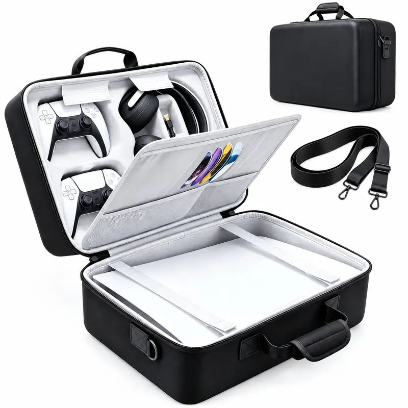 PS5 Gaming Console Portable Carry Case - Compact EVA Shell Home/Travel Luggage Organizer with 2 Controller Slots for Console & Accessories