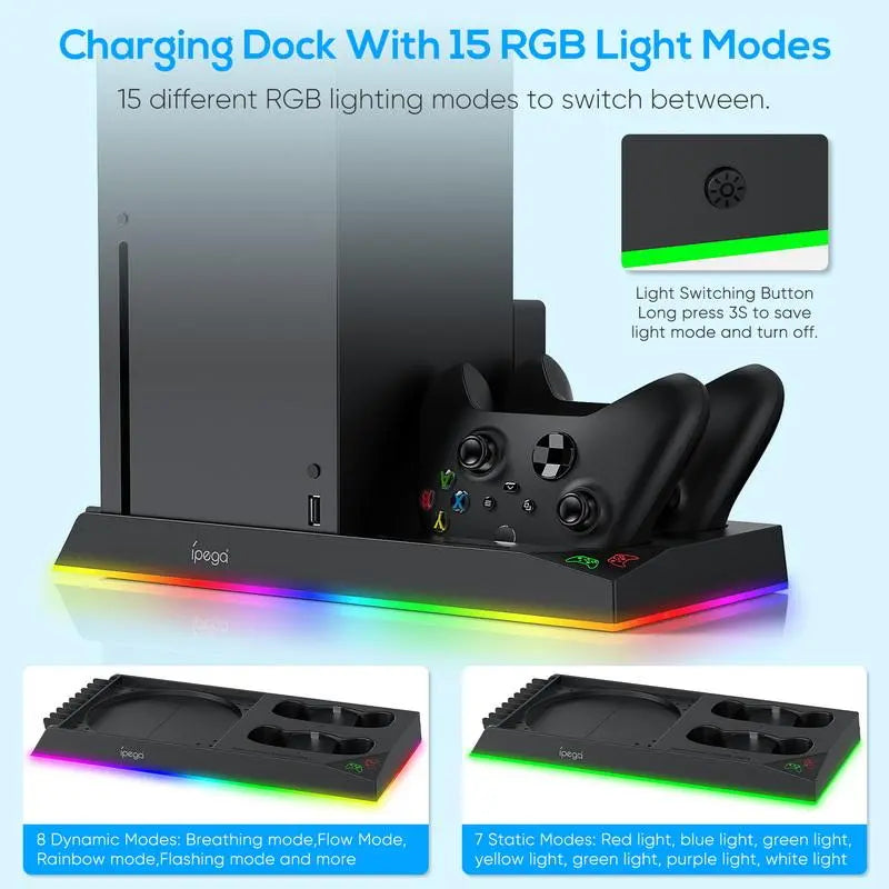 MENEEA RGB Vertical Charging & Cooling Base Station for Xbox Series X Console - Metal Charger Stand with Dual Charging, 15 RGB Lights, 2X1400Mah Rechargeable Batteries, Headphone Stand, 10Pcs Game Discs Holder, Smartphone Holder, Anti-Slip Rubber Bottom