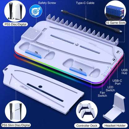 White Aesthetic Plastic PS5 Stand & Cooling Station - 3-Level Fan, LED Lights, Touch Switch, Controller Charger, Digital Game Storage, Headset Holder, Overcharging Protection, Slim Adapter for PS5 Digital Edition, Playstation 5 Accessories