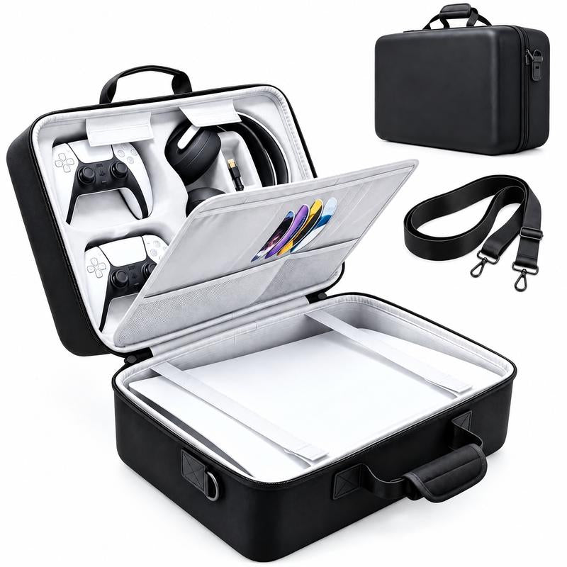 PS5 Gaming Console Portable Carry Case - Compact EVA Shell Home/Travel Luggage Organizer with 2 Controller Slots for Console & Accessories