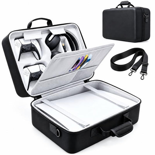 PS5 Gaming Console Portable Carry Case - Compact EVA Shell Home/Travel Luggage Organizer with 2 Controller Slots for Console & Accessories